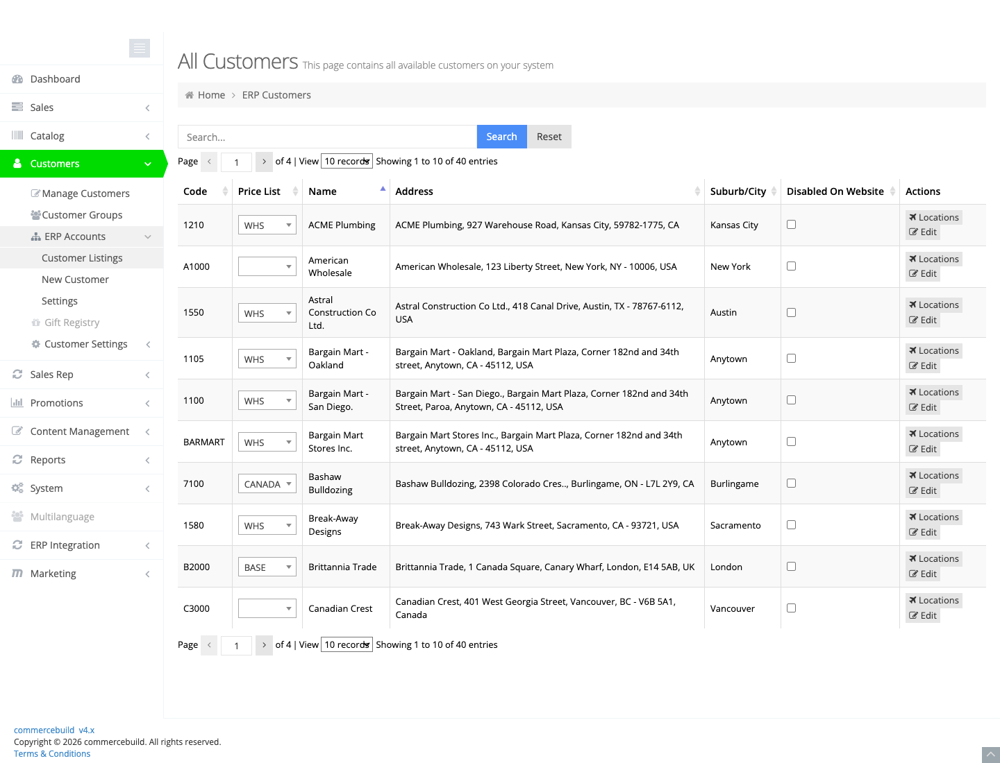 ERP Accounts, All Customers, with the customer code, name, and address