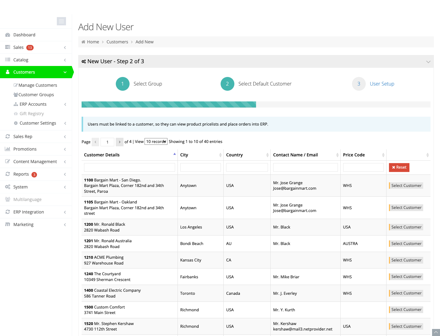 New User step 2, choose the default A/R customer