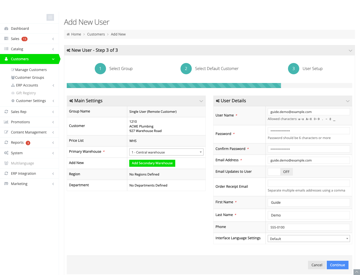 New User step 3, username, password, email, and the default A/R customer