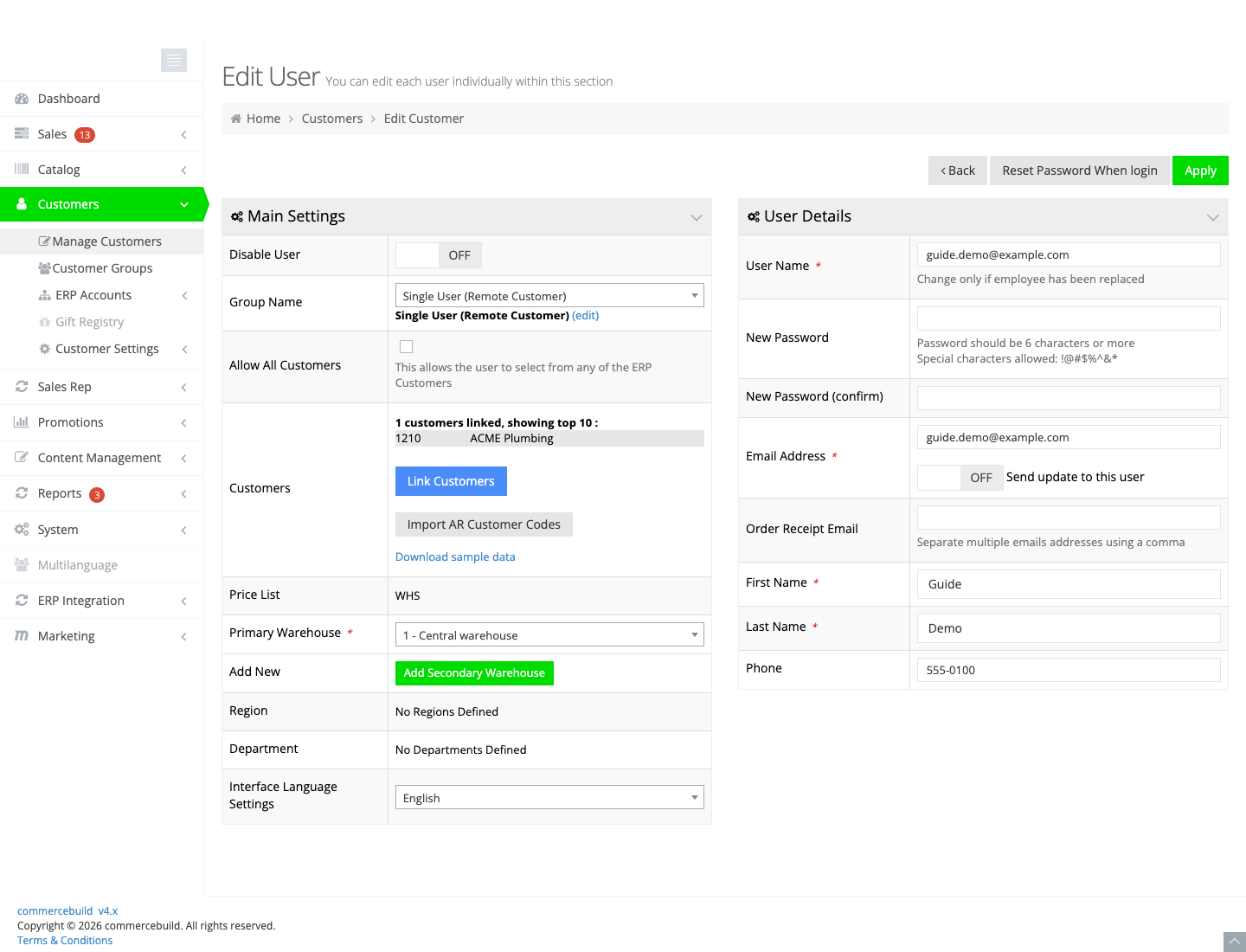 Edit User, with Disable User off, the linked A/R account, and the Link Customers button