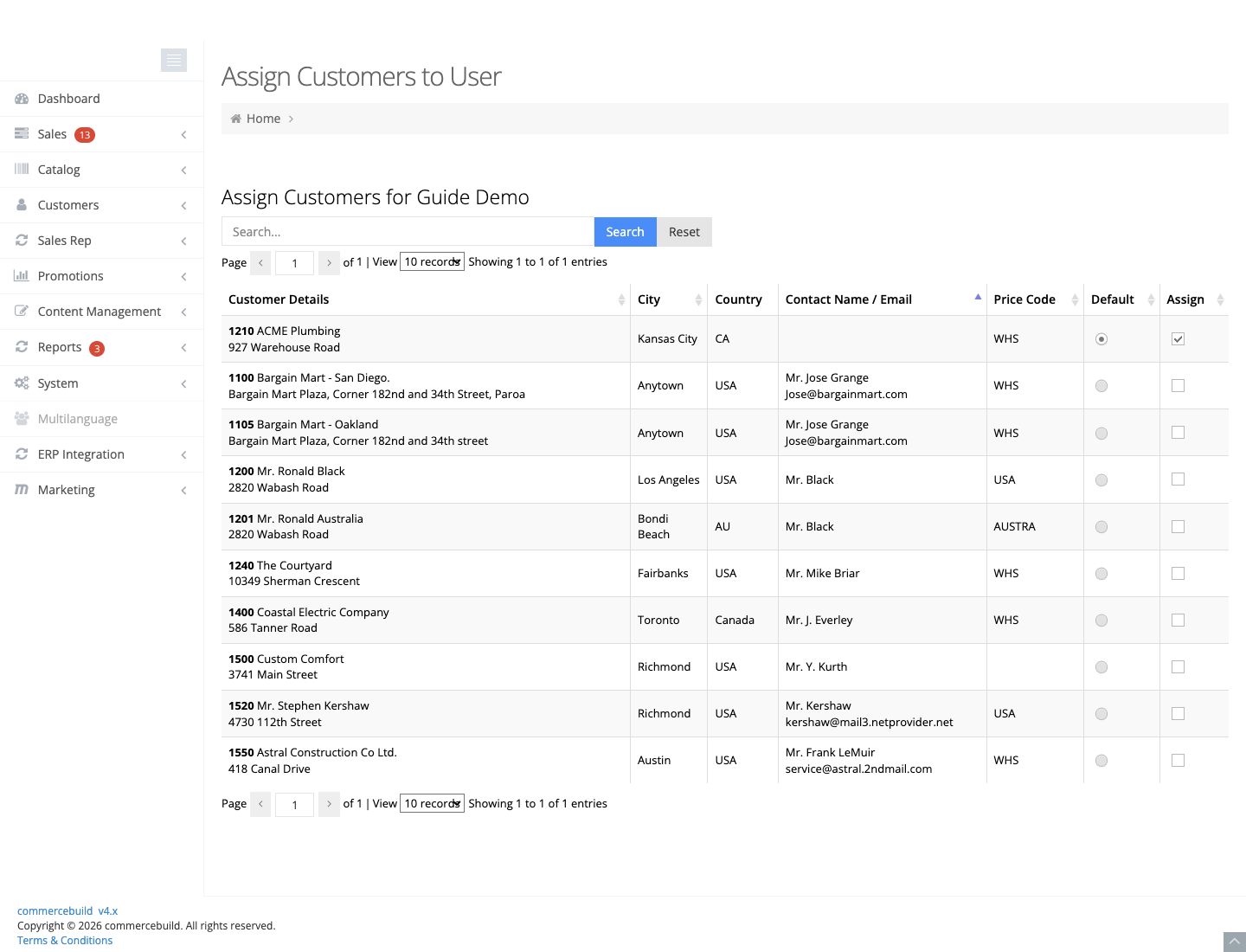 Assign Customers to User, with Default and Assign columns. One account is the default and is assigned.